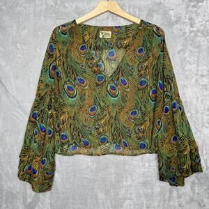 Show Me Your Mumu Top Womens S/M Green Peacock Feather Crop Bell Sleeve Sheer